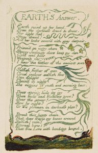 &39;Earth&39;s Answer&39; ، اللوحة 34 من "Songs of Experience" ، 1794 (نقش بارز بالألوان المائية) بواسطة وليام بليك
